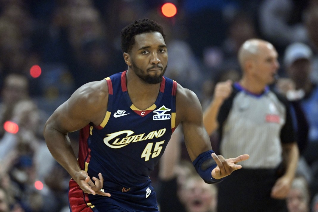 Cavaliers star Donovan Mitchell celebrates a basket against the 76ers during the 2025-26 NBA season.
