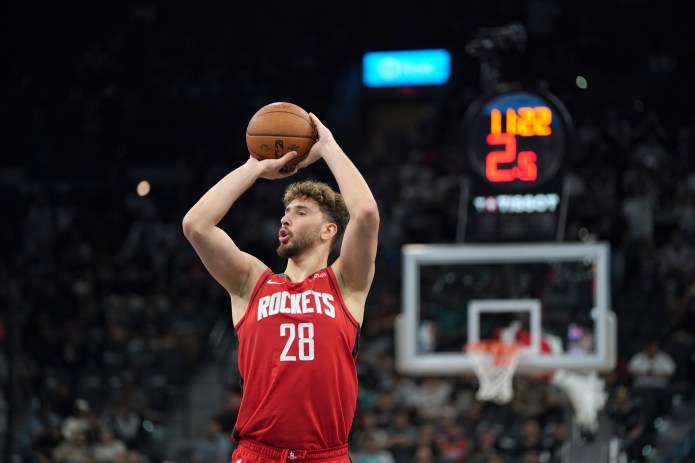 Rockets star Alperen Sengun takes a jumper against the Spurs during the 2025-26 NBA season.