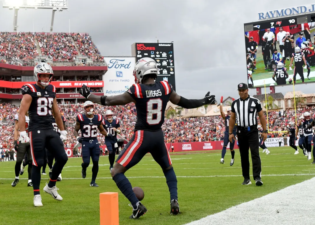 NFL: New England Patriots at Tampa Bay Buccaneers Patriots wide receiver Stefon Diggs celebrates a touchdown against the Buccaneers during the 2025 NFL season.