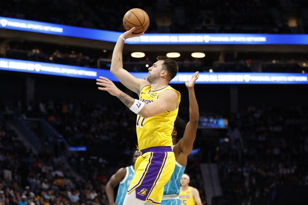 Lakers superstar Luka Doncic takes a floater against the Hornets during the 2025-26 NBA season.