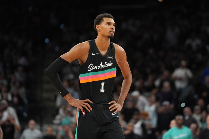 Spurs star Victor Wembanyama looks on against the Warriors during the 2025-26 NBA season.