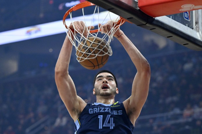 Grizzlies center Zach Edey dunks against the Cavaliers during the 2025-26 NBA season.