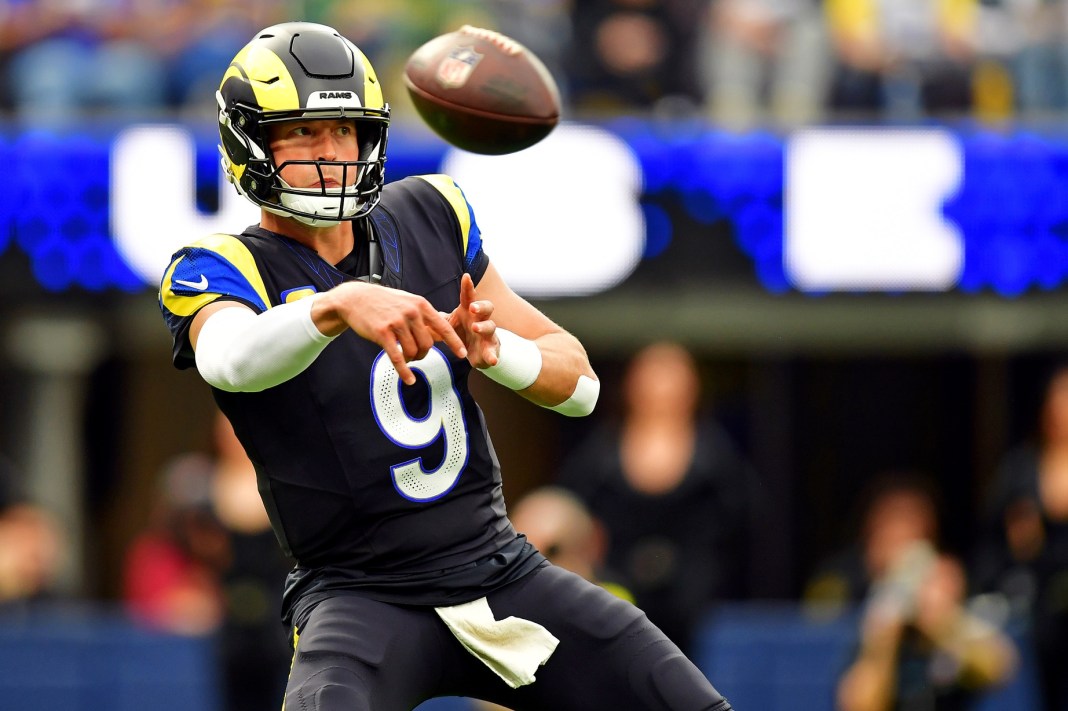 Rams star Matthew Stafford throws a pass against the Seahawks during the 2025 NFL season.