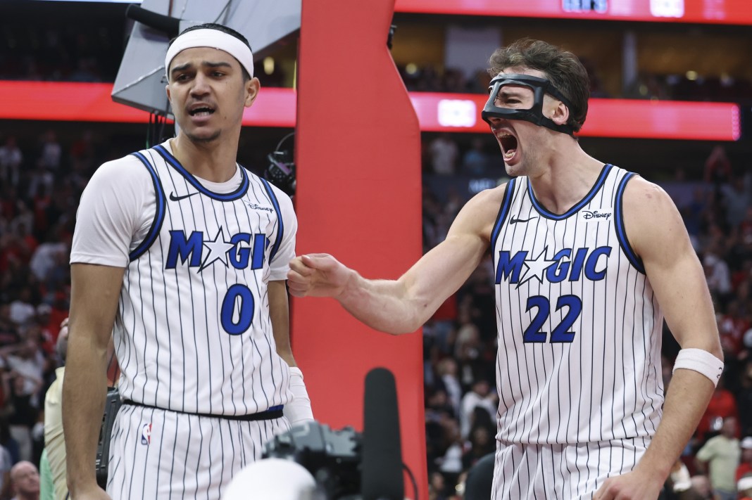 Magic star Franz Wagner celebrates a play with Anthony Black against the Rockets during the 2025-26 NBA season.