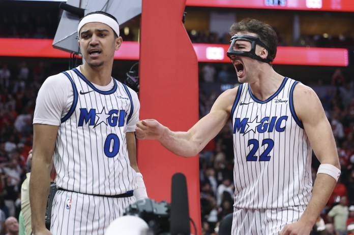 Magic star Franz Wagner celebrates a play with Anthony Black against the Rockets during the 2025-26 NBA season.