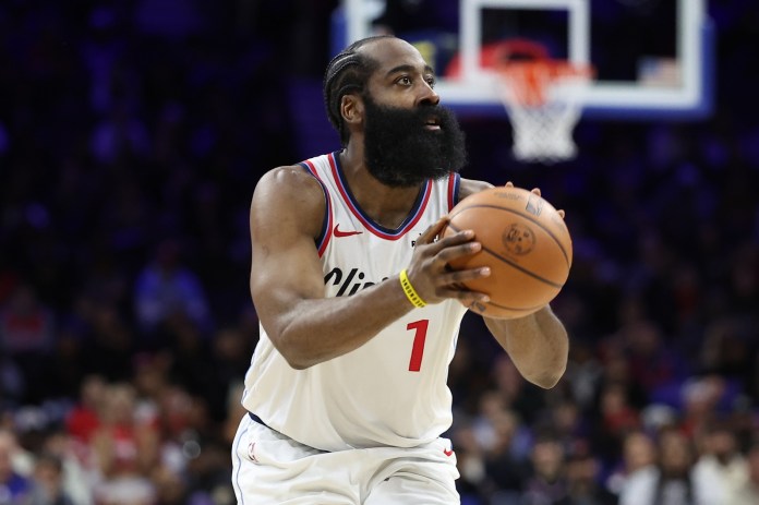 Clippers star James Harden takes a shot against the 76ers during the 2025-26 NBA season.