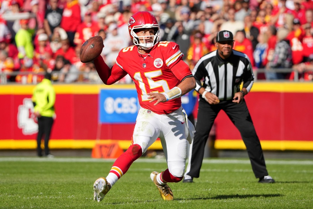 Chiefs superstar Patrick Mahomes looks to throw against the Colts during the 2025 NFL season.