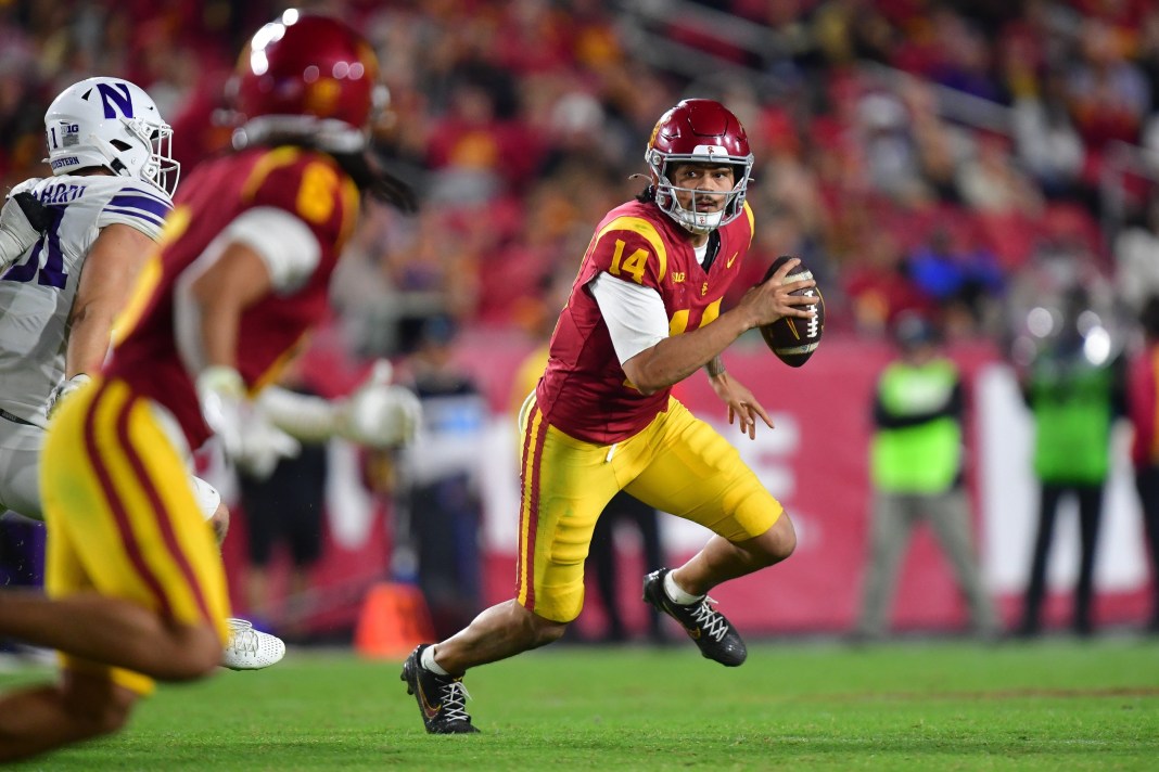 USC quarterback Jayden Maiava looks to make a play against Northwestern during the 2025 college football season.