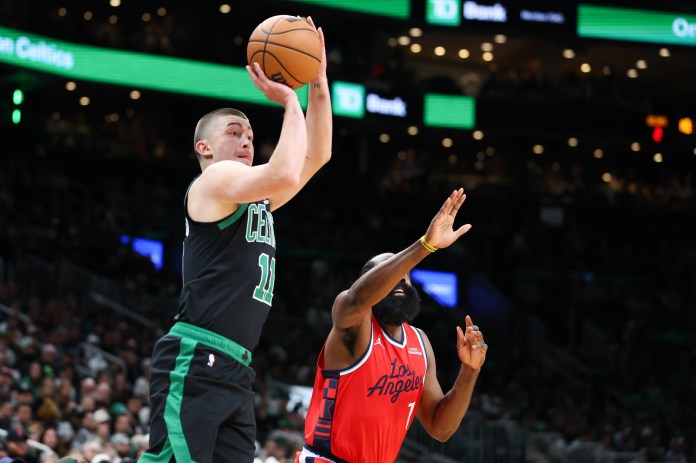 Celtics guard Payton Pritchard takes a shot against the Clippers during the 2025-26 NBA season.
