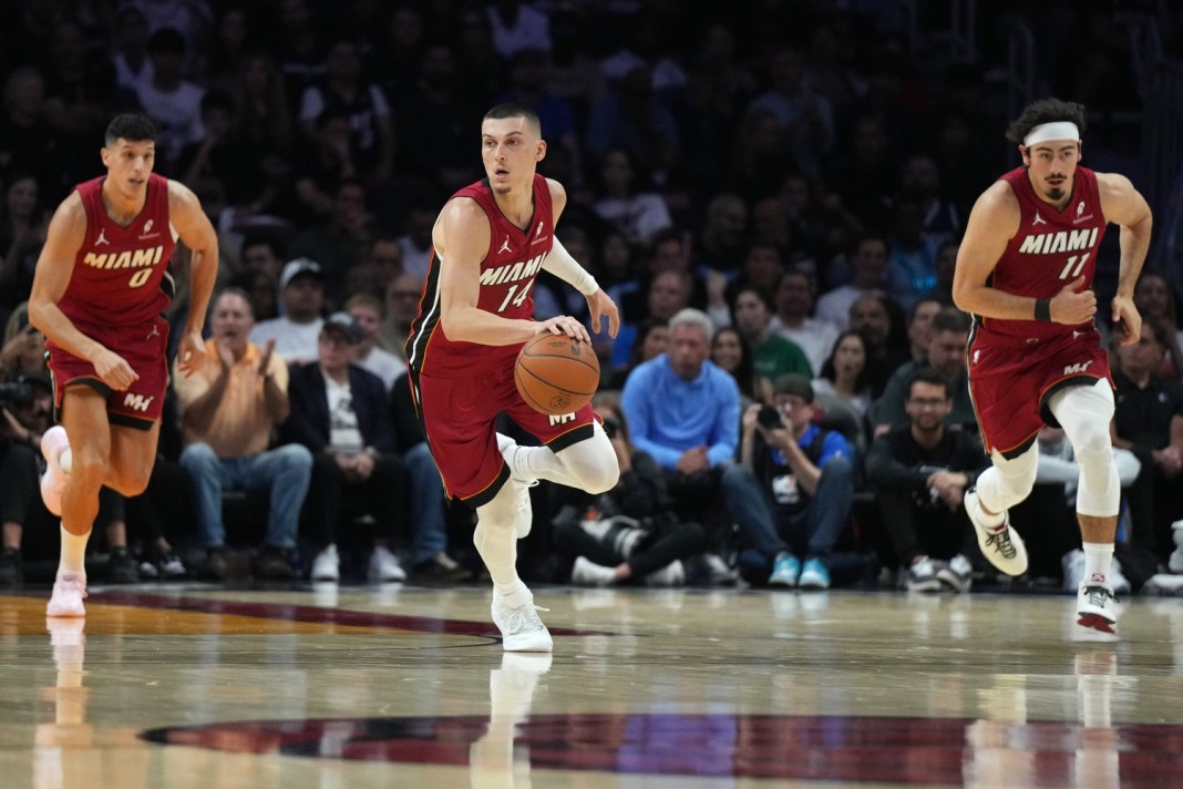 Heat star Tyler Herro brings the ball up the floor against the Mavericks during the 2025-26 NBA season.