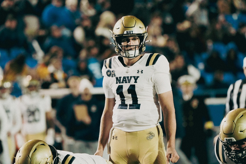 Navy quarterback Blake Horvath gets ready to snap the ball against Memphis during the 2025 college football season.