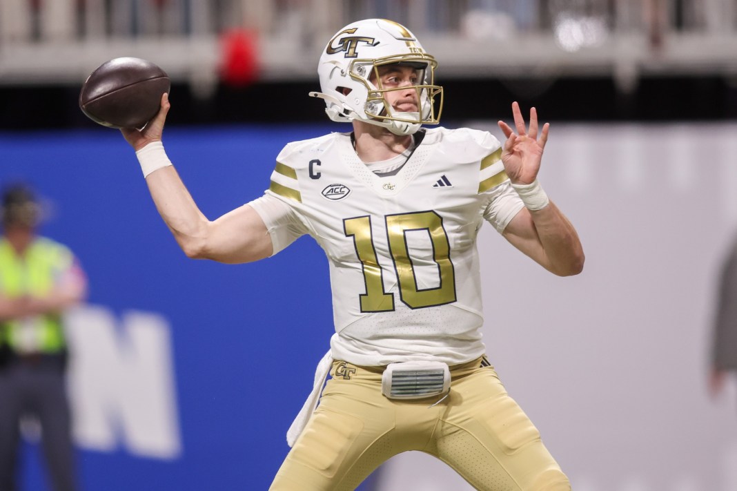 Georgia Tech quarterback Haynes King looks to throw against Georgia during the 2025 college football season.