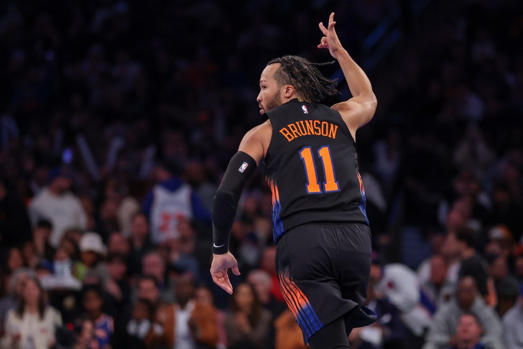 Knicks superstar Jalen Brunson celebrates a made 3 against the Bucks during the 2025-26 NBA season.