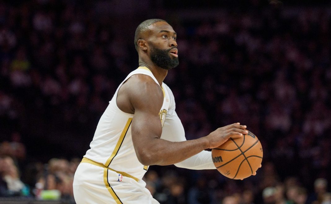 Celtics star Jaylen Brown looks to shoot against hte Timberwolves during the 2025-26 NBA season.