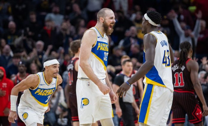 Pacers players celebrate a play against the Bulls during the 2025-26 NBA season.