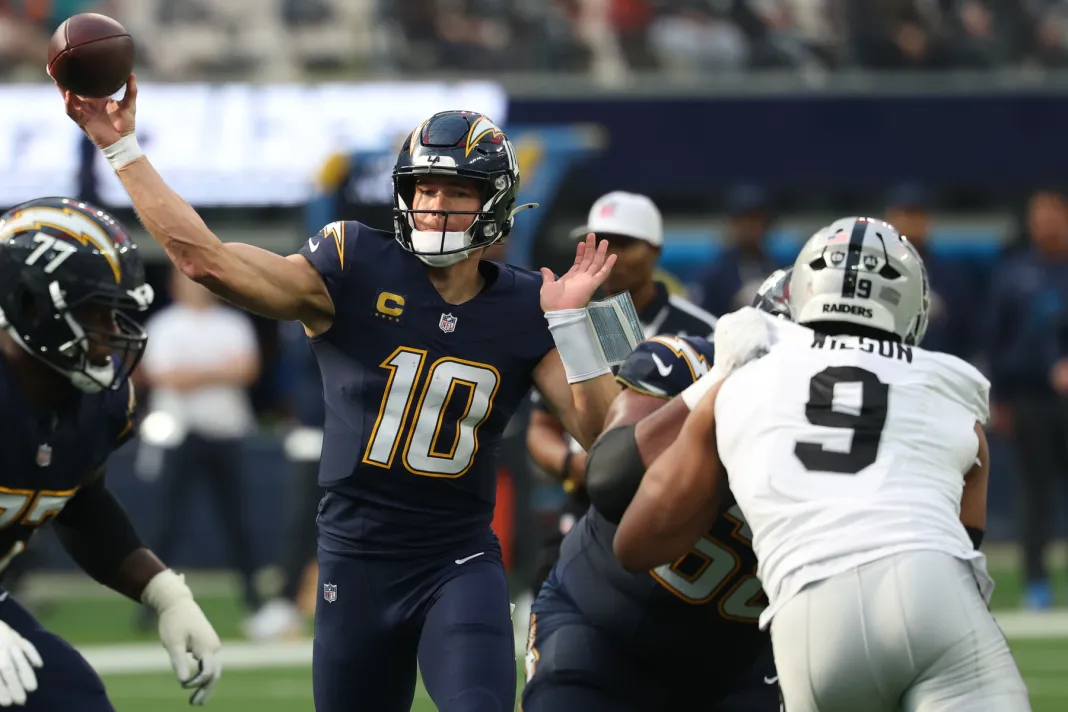 NFL: Las Vegas Raiders at Los Angeles Chargers Chargers quarterback Justin Herbert looks to throw against the Raiders during the 2025 NFL season.
