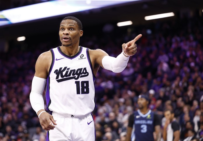 Kings guard Russell Westbrook points against the Grizzlies during the 2025-26 NBA season.