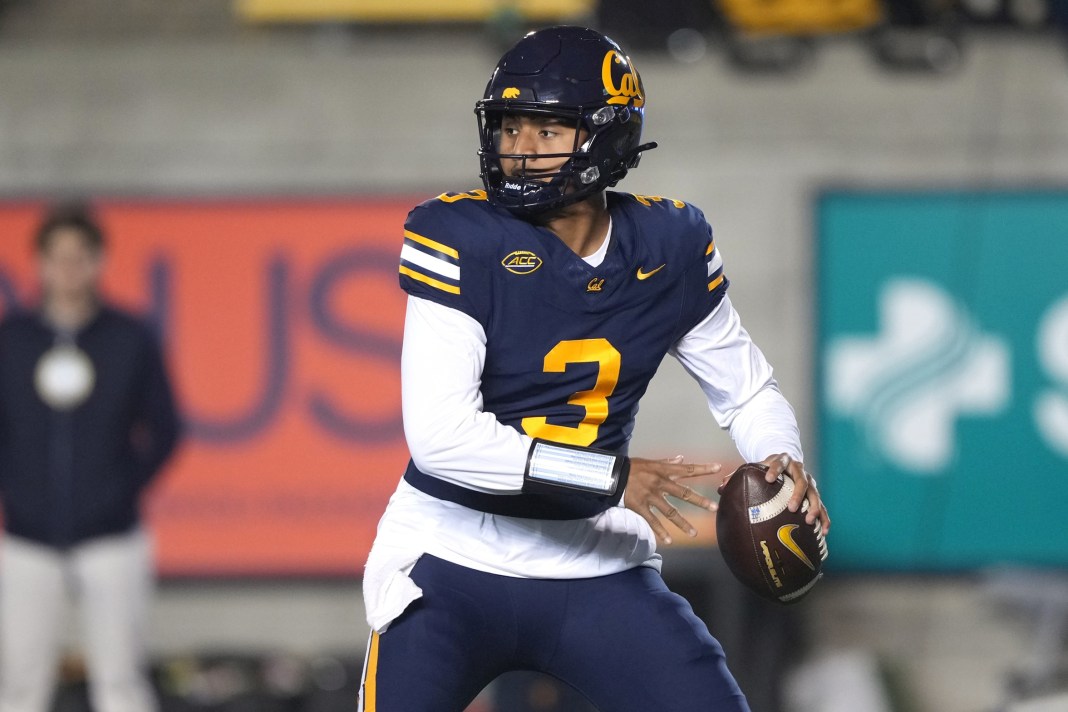 California quarterback Jaron-Keawe Sagapolutele looks to throw against SMU during the 2025 college football season.