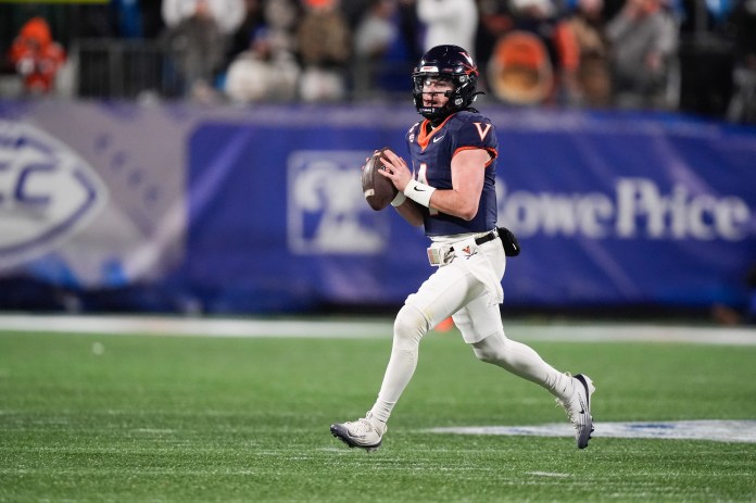 Virginia quarterback Chandler Morris looks to throw against Duke during the 2025 ACC Championship Game.