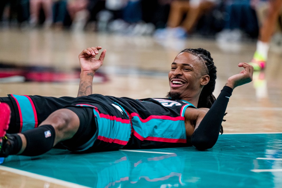 Grizzlies star Ja Morant reacts to a play against the Jazz during the 2025-26 NBA season.