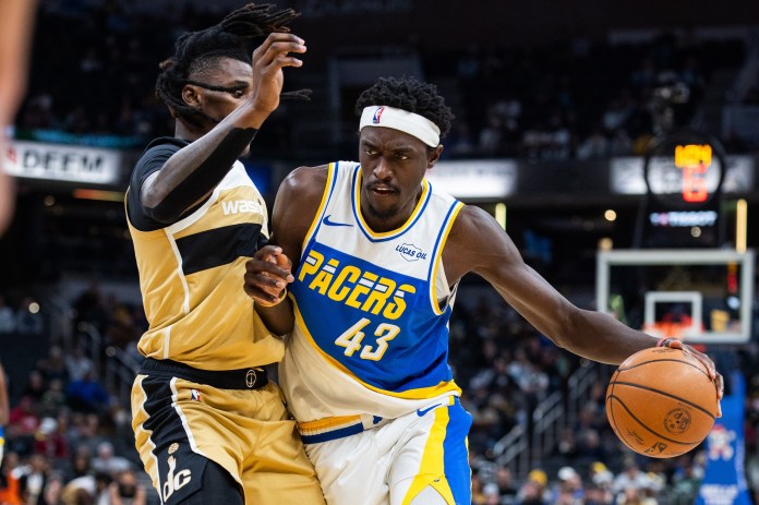 Pacers forward Pascal Siakam looks to make a play against the Wizards during the 2025-26 NBA season.