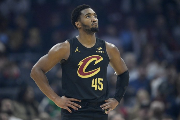 Cavaliers star Donovan Mitchell looks on against the Hornets during the 2025-26 NBA season.