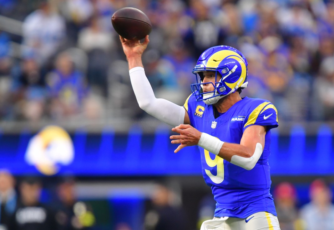 Rams quarterback Matthew Stafford throws a pass against the Lions during the 2025 NFL season.