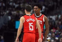 NBA Predictions Today: Best Bets and Player Props for Sunday, December 21 Rockets players Amen Thompson and Reed Sheppard celebrate a play against the Nuggets during the 2025-26 NBA season.