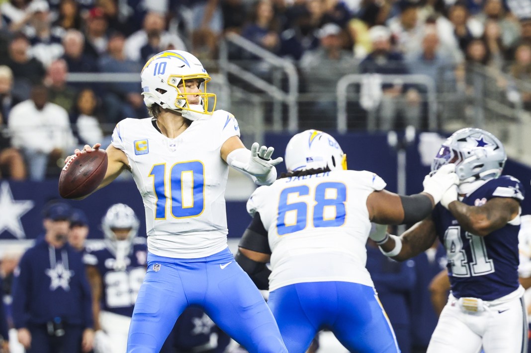 Chargers quarterback Justin Herbert throws a pass against the Cowboys during the 2025 NFL season.