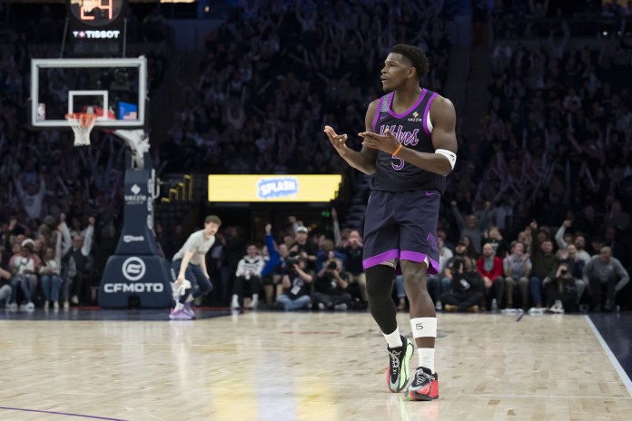 Timberwolves star Anthony Edwards celebrates a shot against the Bucks during the 2025-26 NBA season.