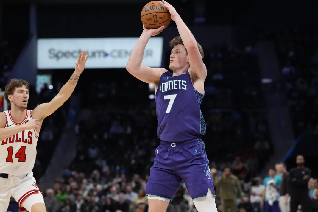 NBA: Chicago Bulls at Charlotte Hornets Hornets rookie Kon Knueppel takes a shot against the Bulls during the 2025-26 NBA season.