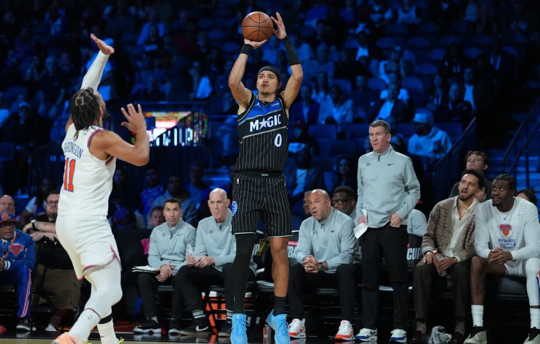 Magic guard Anthony Black takes a shot against the Knicks during the 2025 Emirates NBA Cup.