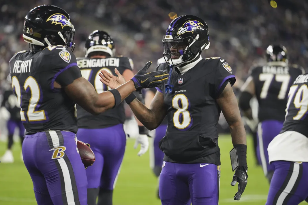 NFL: New England Patriots at Baltimore Ravens Ravens superstars Lamar Jackson and Derrick Henry celebrate a touchdown against the Patriots during the 2025 NFL season.
