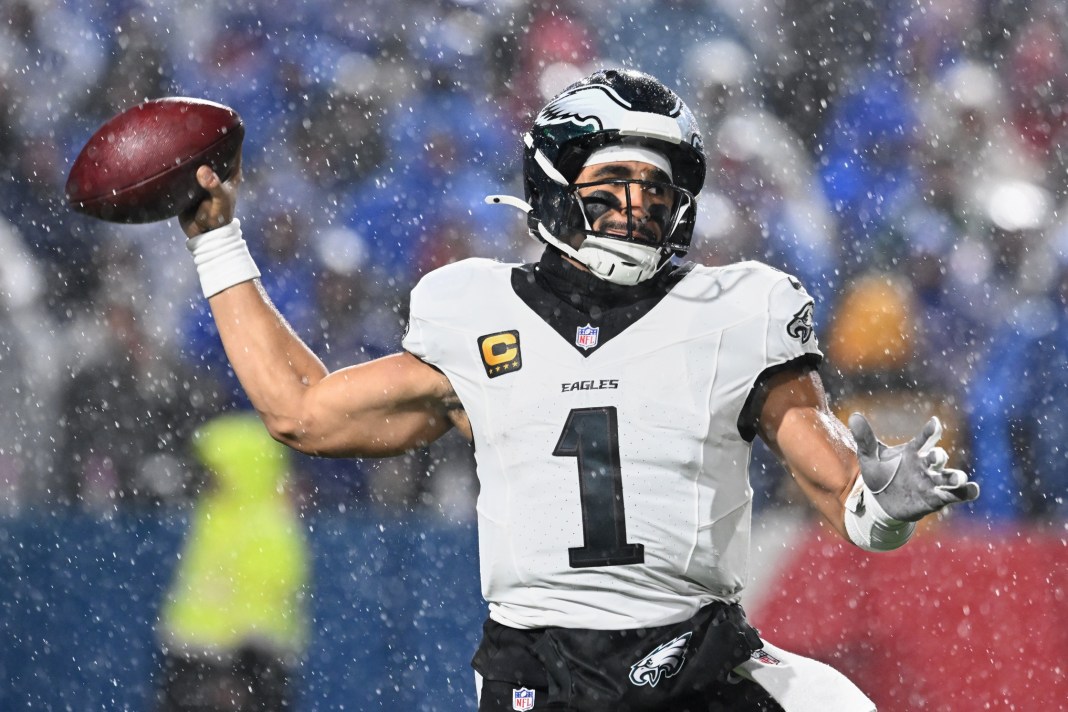 Eagles star Jalen Hurts throws a pass against the Bills during the 2025 NFL season.