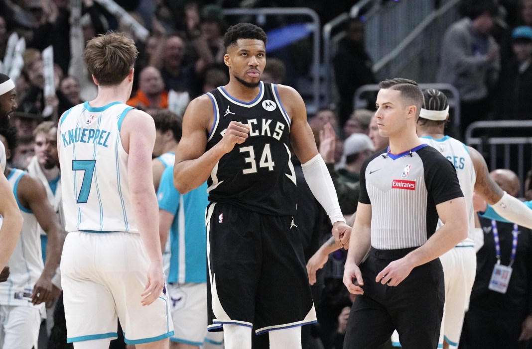 Bucks superstar Giannis Antetokounmpo celebrates a play against the Hornets during the 2025-26 NBA season.