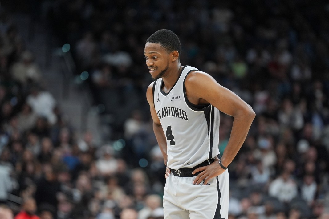 Spurs star De'Aaron Fox looks on against the Blazers during the 2025-26 NBA season.