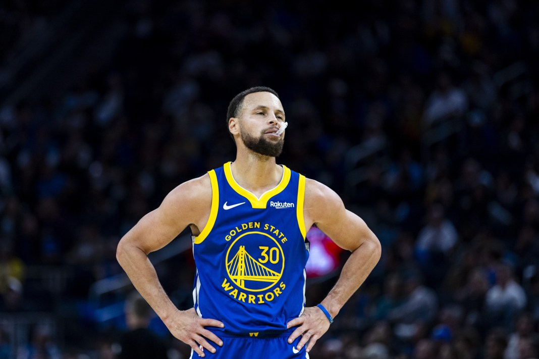 Warriors superstar Stephen Curry reacts to a play against the Jazz during the 2025-26 NBA season.