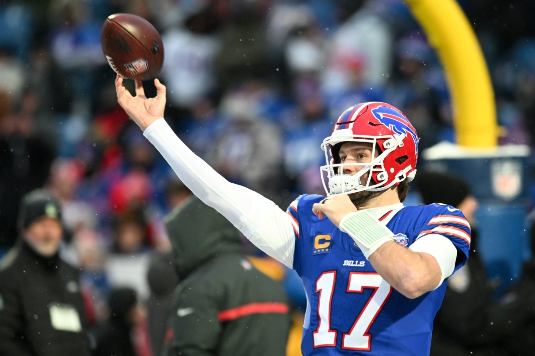 Bills superstar Josh Allen warms up against the Jets during the 2025 NFL season.