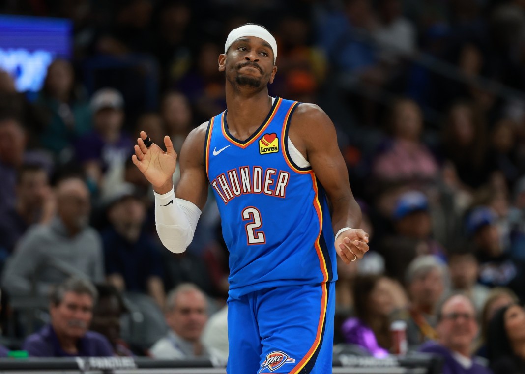Thunder superstar Shail Gilgeous-Alexander reacts to a play against the Suns during the 2025-26 NBA season.