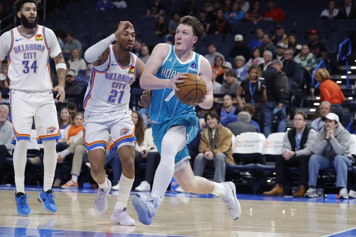 Hornets guard Kon Knueppel drives to the rim against the Thunder during the 2025-26 NBA season.