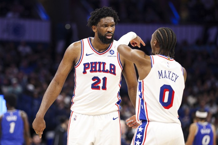 Sixers stars Joel Embiid and Tyrese Maxey react to a play against the Magic during the 2025-26 NBA season.