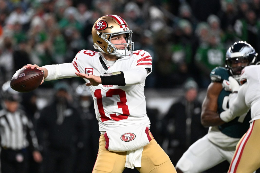 49ers quarterback Brock Purdy looks to throw against the Eagles during the NFL Playoffs.