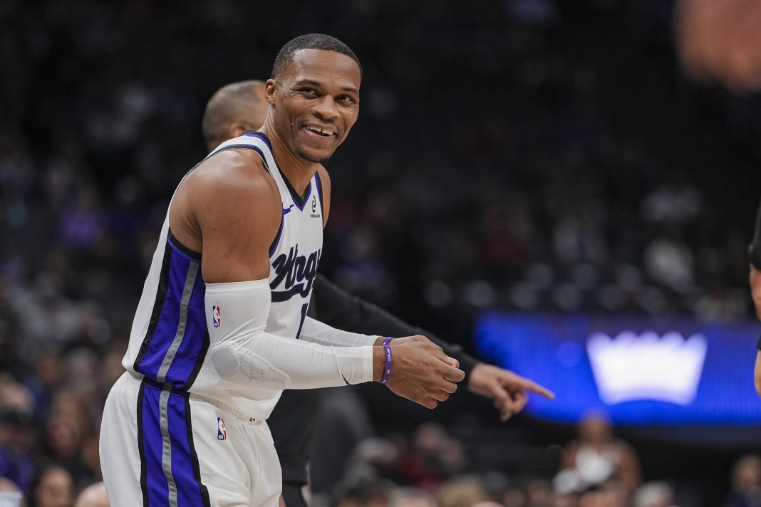 Kings guard Russell Westbrook reacts to a play against the Rockets during the 2025-26 NBA season.