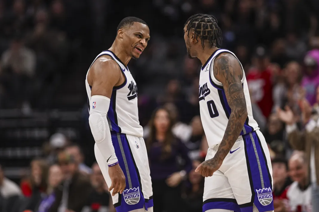 NBA: Houston Rockets at Sacramento Kings Kings guards Russell Westbrook and Malik Monk react to a play against the Rockets during the 2025-26 NBA season.