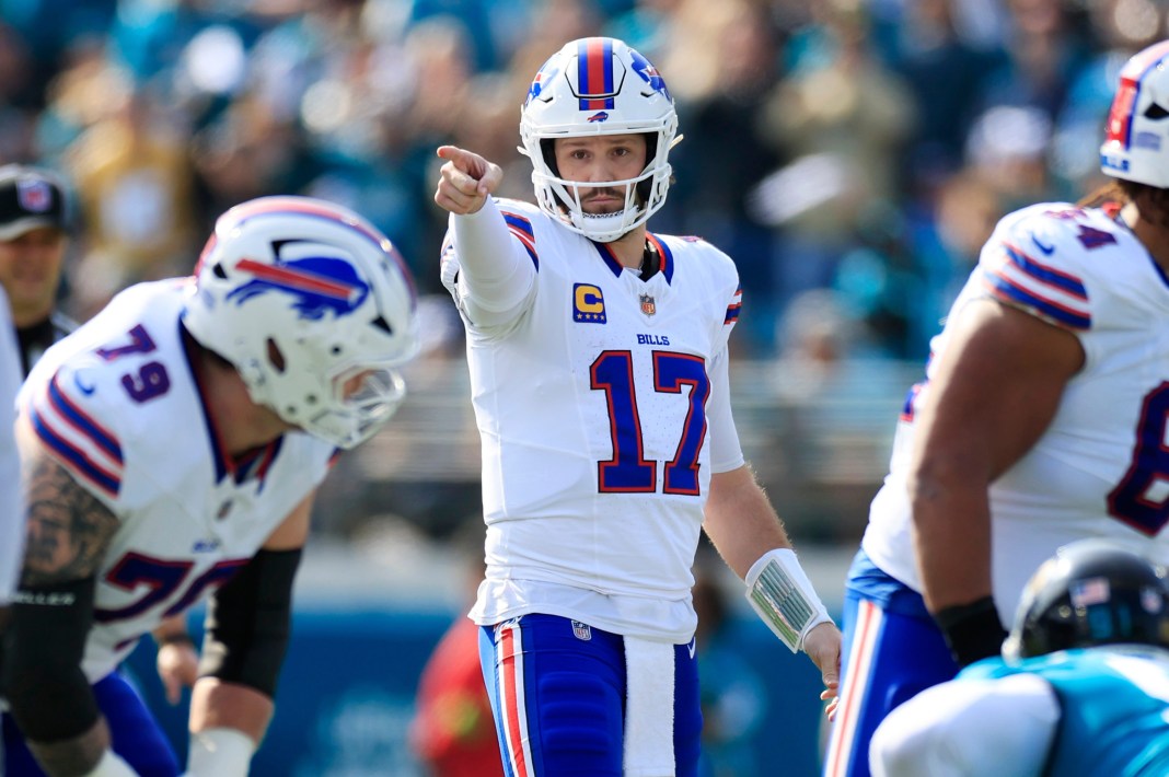 Bills superstar Josh Allen signals against the Jaguars during the NFL Playoffs.