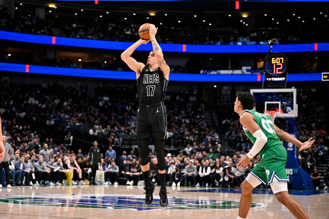 Nets forward Michael Porter Jr. takes a shot against the Mavericks during the 2025-26 NBA season.