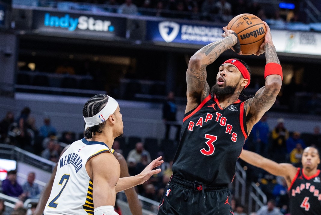 Raptors forward Brandon Ingram shoots against the Pacers during the 2025-26 NBA season.