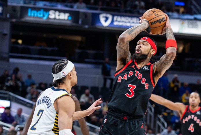 Raptors forward Brandon Ingram shoots against the Pacers during the 2025-26 NBA season.