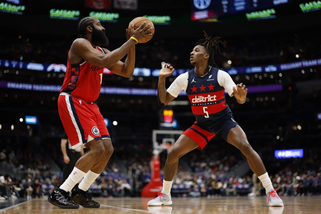 Clippers star James Harden takes a shot against the Wizards during the 2025-26 NBA season.