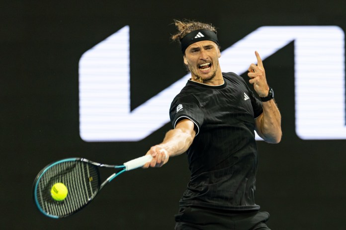Alexander Zverev hits a backhand against Alexandre Muller at the 2026 Australian Open.